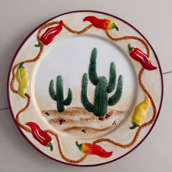 Other - Southwest 3D Embossed Cactus & Chili Pepper Ceramic Plate Boho Western Majolica